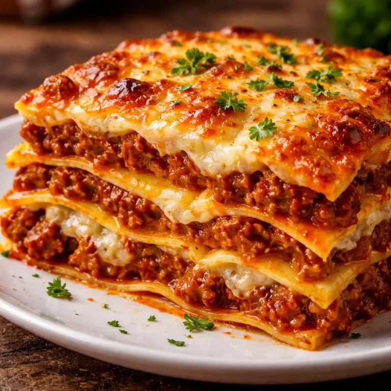 Une délicieuse lasagne haute protéine garnie de légumes frais et de viande maigre.