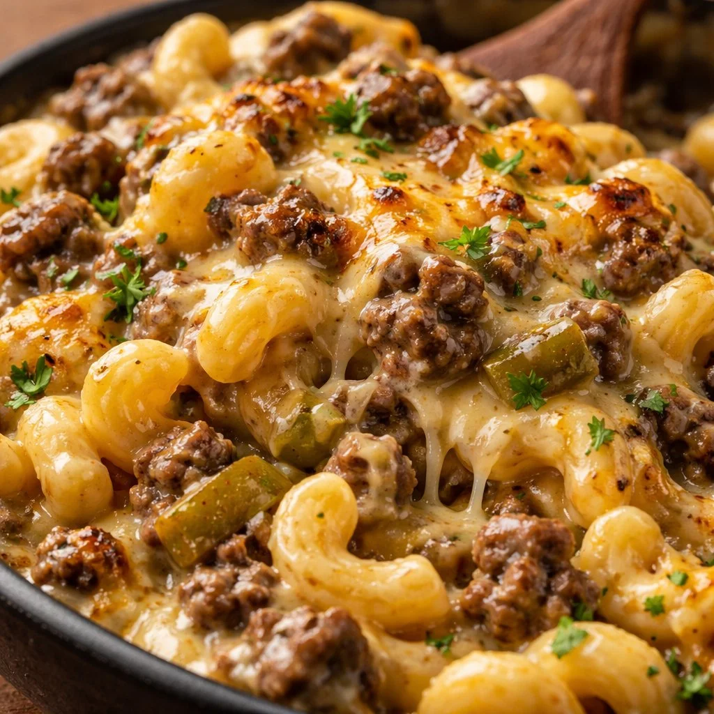 Macaroni avec une sauce au fromage crémeuse et de la viande hachée