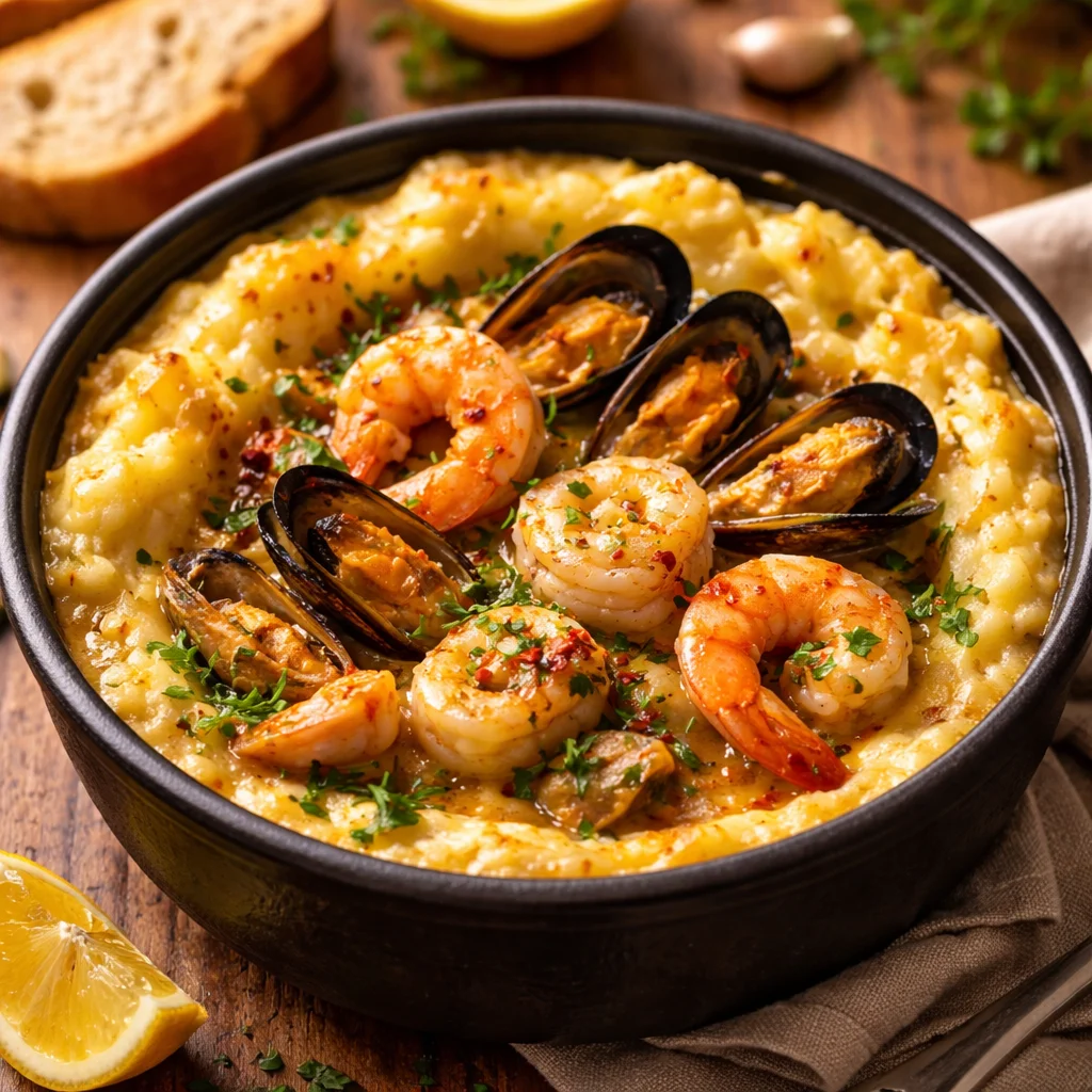 Marmite de Fruits de Mer à la Crème, un plat gourmand et marin, servi chaud.