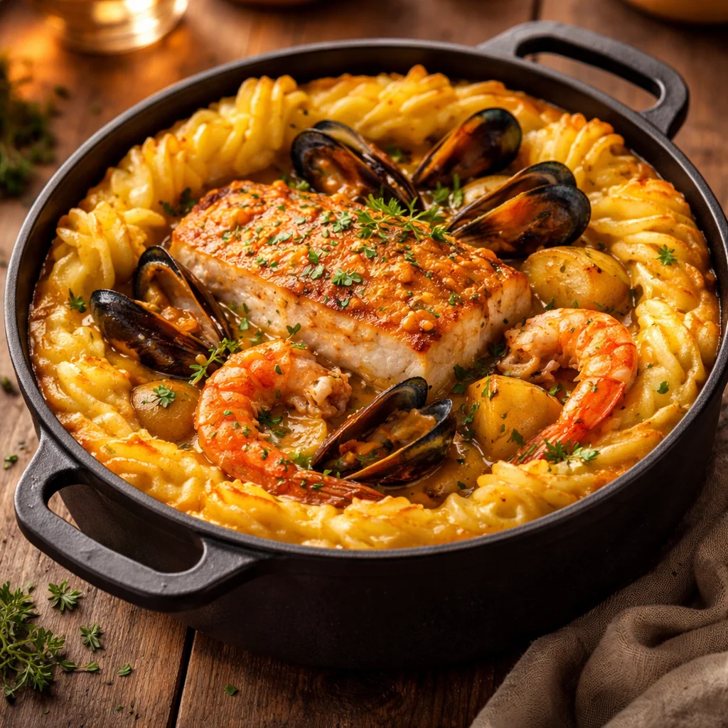 Marmite de la Mer avec Sauce Rouille au Safran, un plat de fruits de mer savoureux.