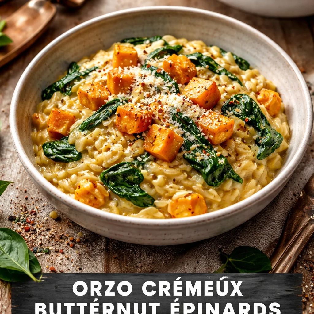 Plat d'orzo crémeux avec butternut et épinards, vibrant et délicieux.