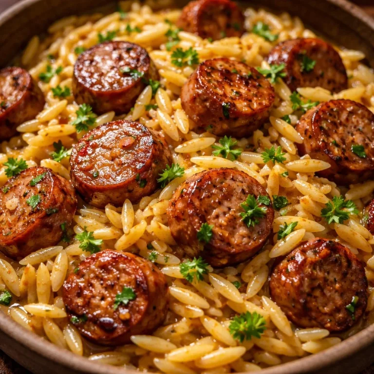 Plat d'Orzo Saucisses Beurre Ail servi dans une assiette