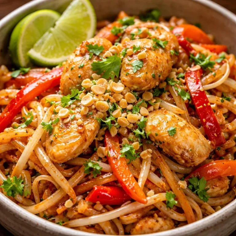 Plat de Pad Thaï au poulet sain, préparé avec des ingrédients frais et équilibrés.