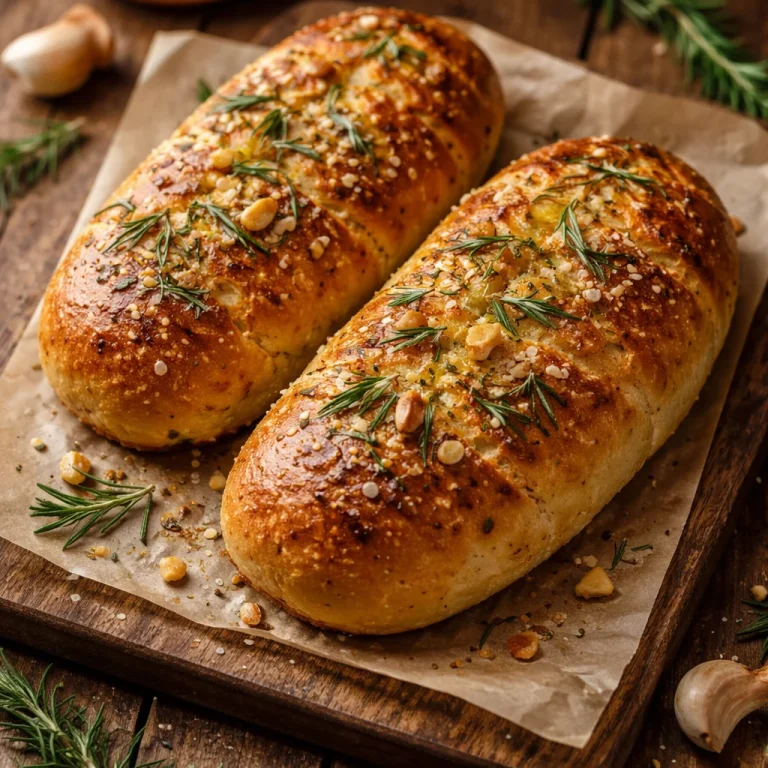 Pain artisanal à l'ail rôti et romarin, une spécialité savoureuse.