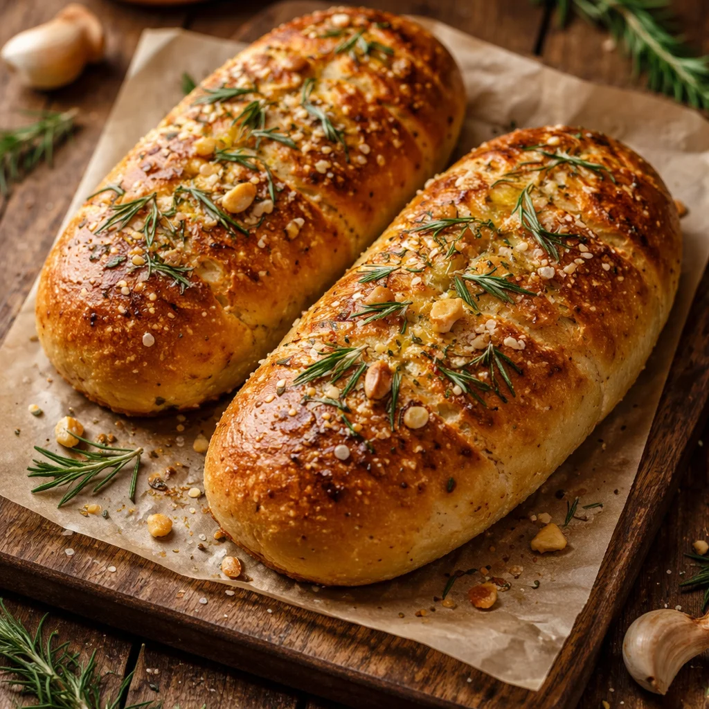 Pain artisanal à l'ail rôti et romarin, une spécialité savoureuse.