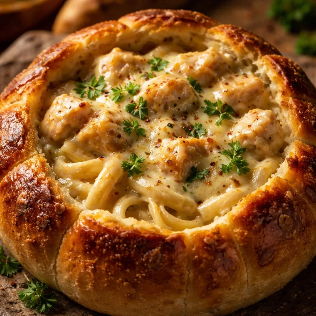 Pain Singe garni de Poulet Alfredo crémeux et savoureux