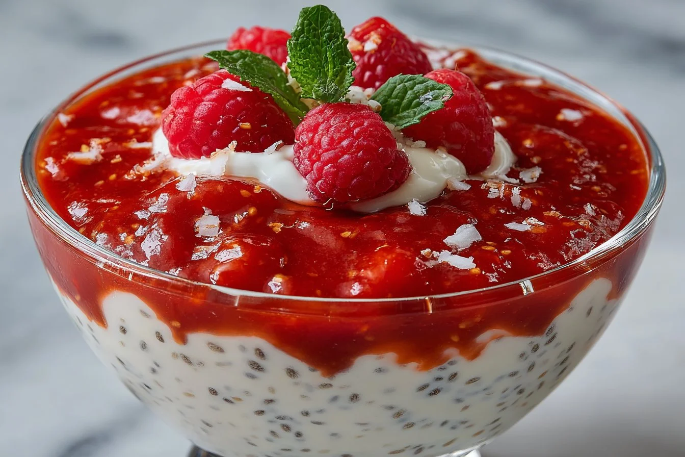 Parfait de pudding de chia à la framboise avec sauce fraîche