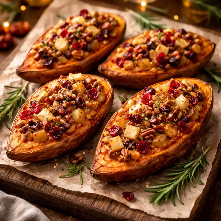 Patates douces farcies aux canneberges et pommes prêtes à être dégustées