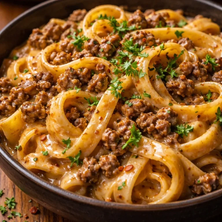 Pâtes crémeuses au bœuf servies dans un bol avec garnitures fraîches