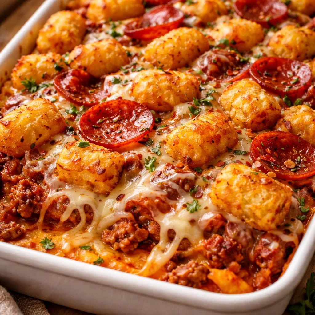 Pizza en casserole garnie de tater tots croustillants et savoureux.