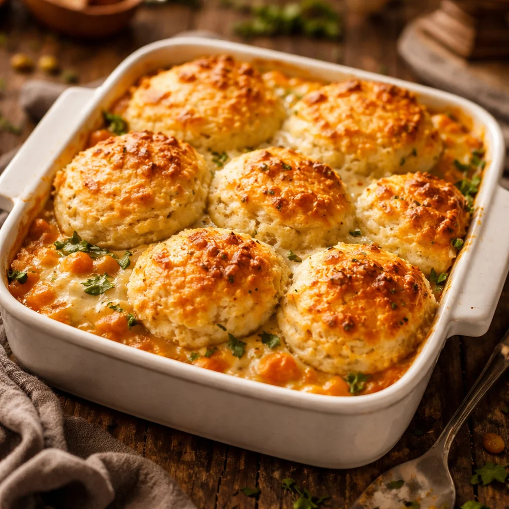 Pot Pie au Poulet avec Biscuits au Cheddar, plat savoureux et réconfortant