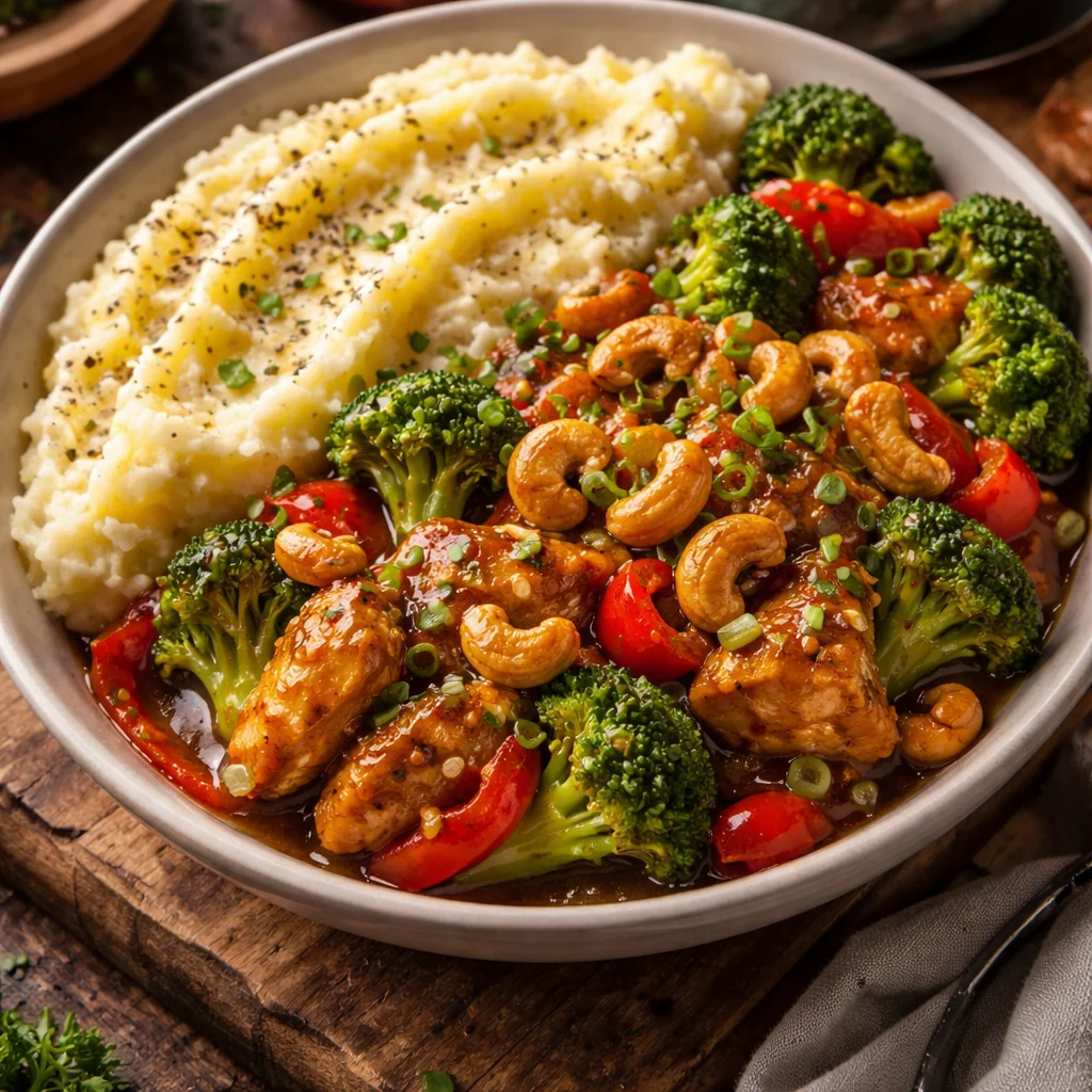 Plat de poulet aux noix de cajou servi avec des légumes frais