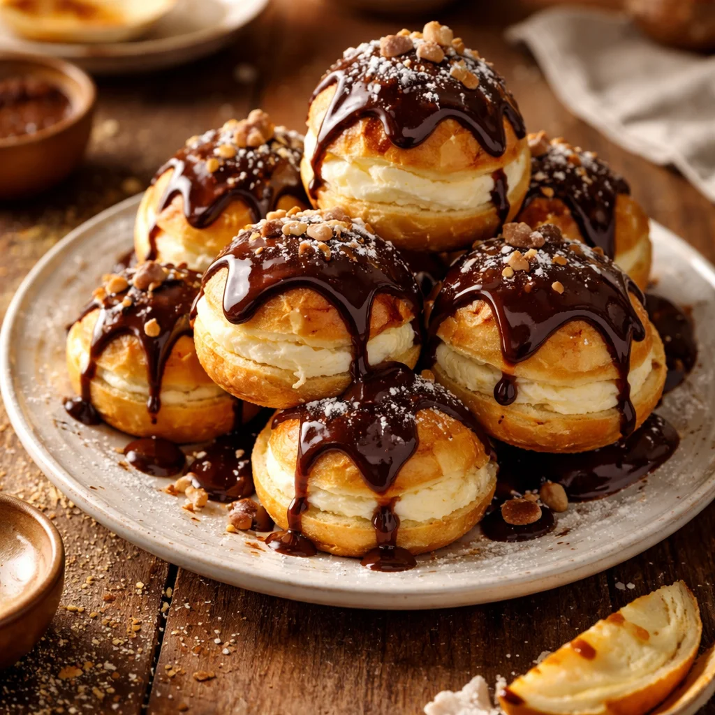 Plat de profiteroles garnies de crème et recouvertes de chocolat