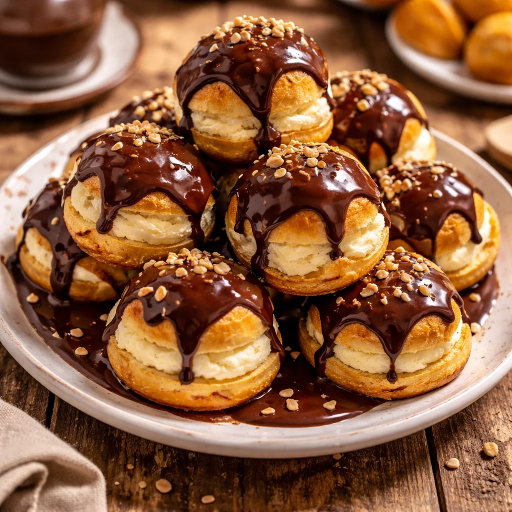 Profiteroles garnies de crème pâtissière et couvertes de chocolat