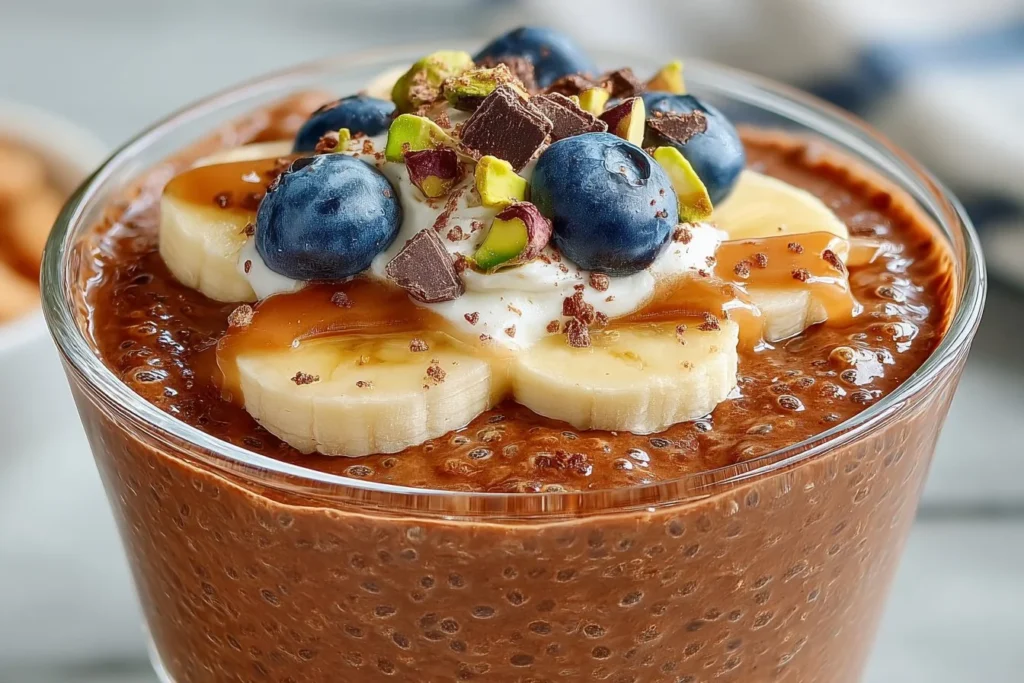 Pudding au chocolat et aux graines de chia servi dans un bol décoratif.