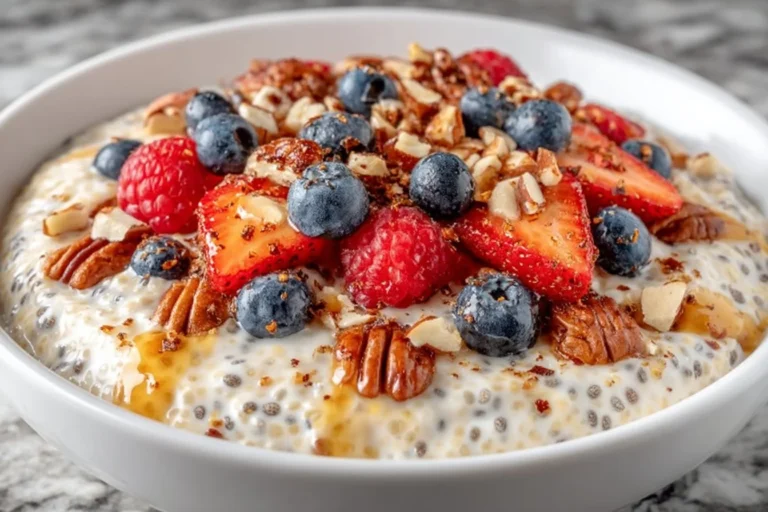 Pudding aux graines de chia décoré de fruits frais et noix