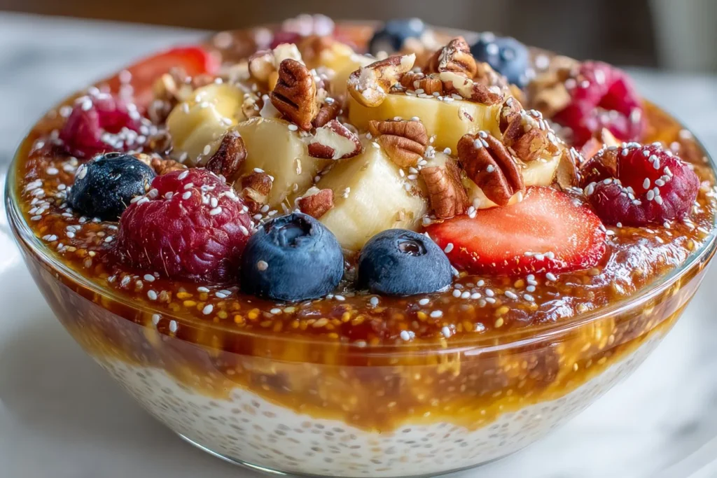 Un délicieux pudding de chia servi dans un verre avec des fruits frais.