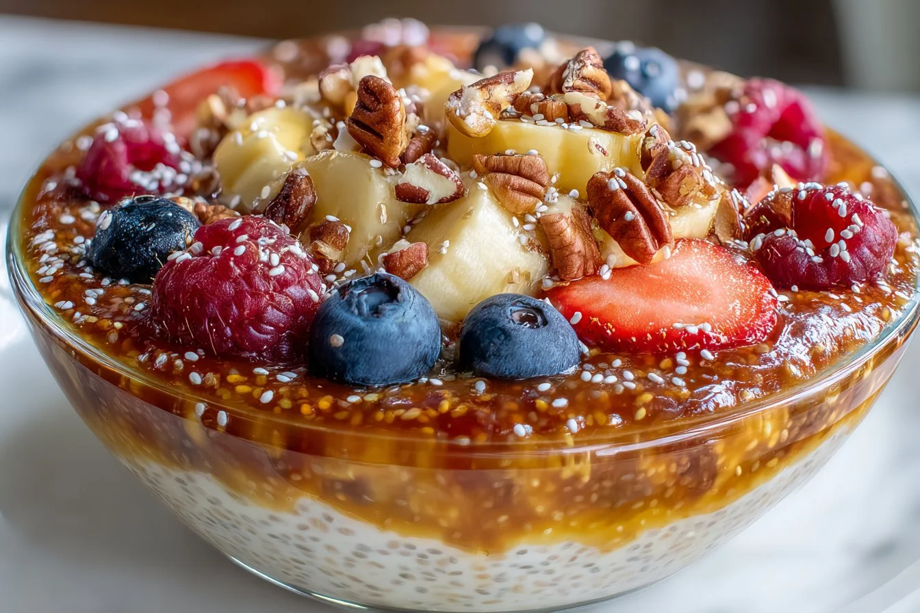 Un délicieux pudding de chia servi dans un verre avec des fruits frais.