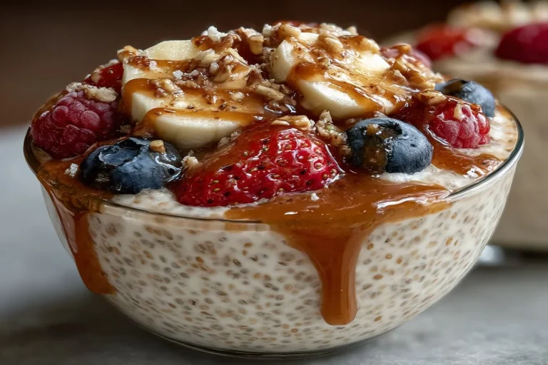 Pudding de chia servi dans un bol avec des fruits et des graines.