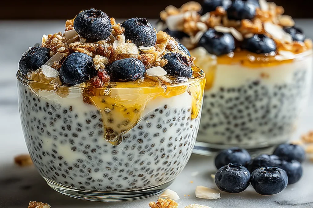 Recette de pudding de chia au citron et aux myrtilles dans un bol