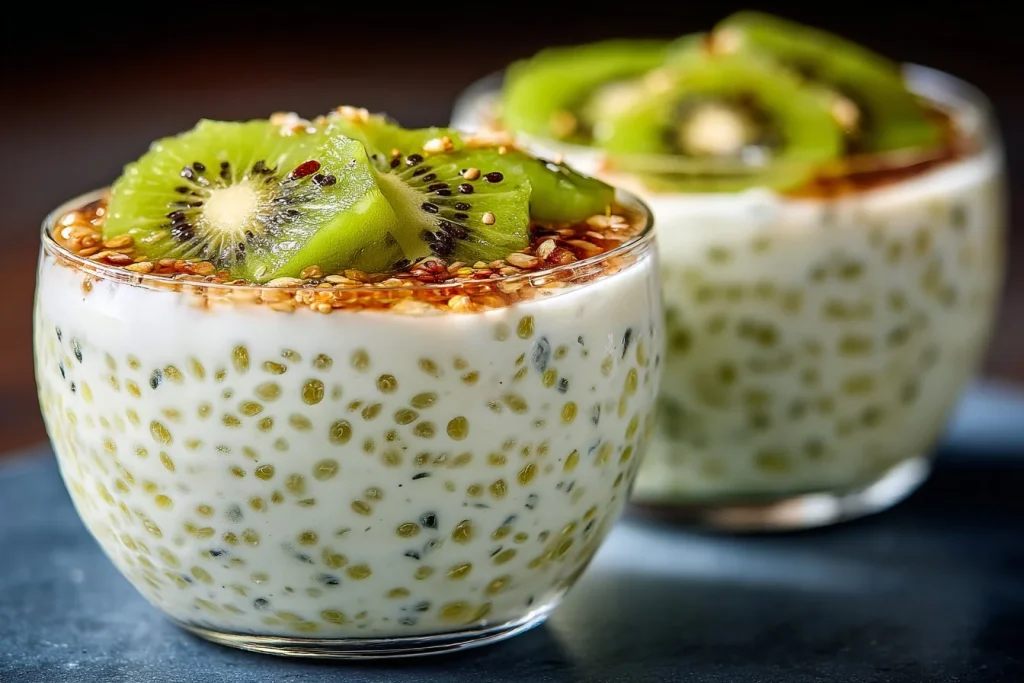 Pudding de chia au kiwi garni de fruits frais et graines