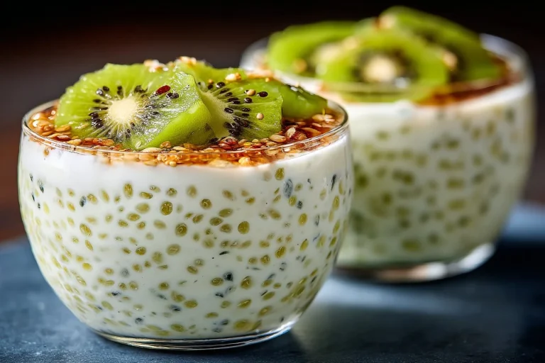 Pudding de chia au kiwi garni de fruits frais et graines
