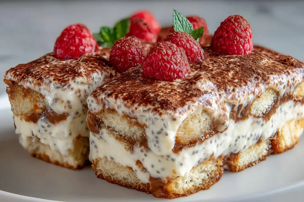 Pudding de chia façon tiramisu présenté dans un verre