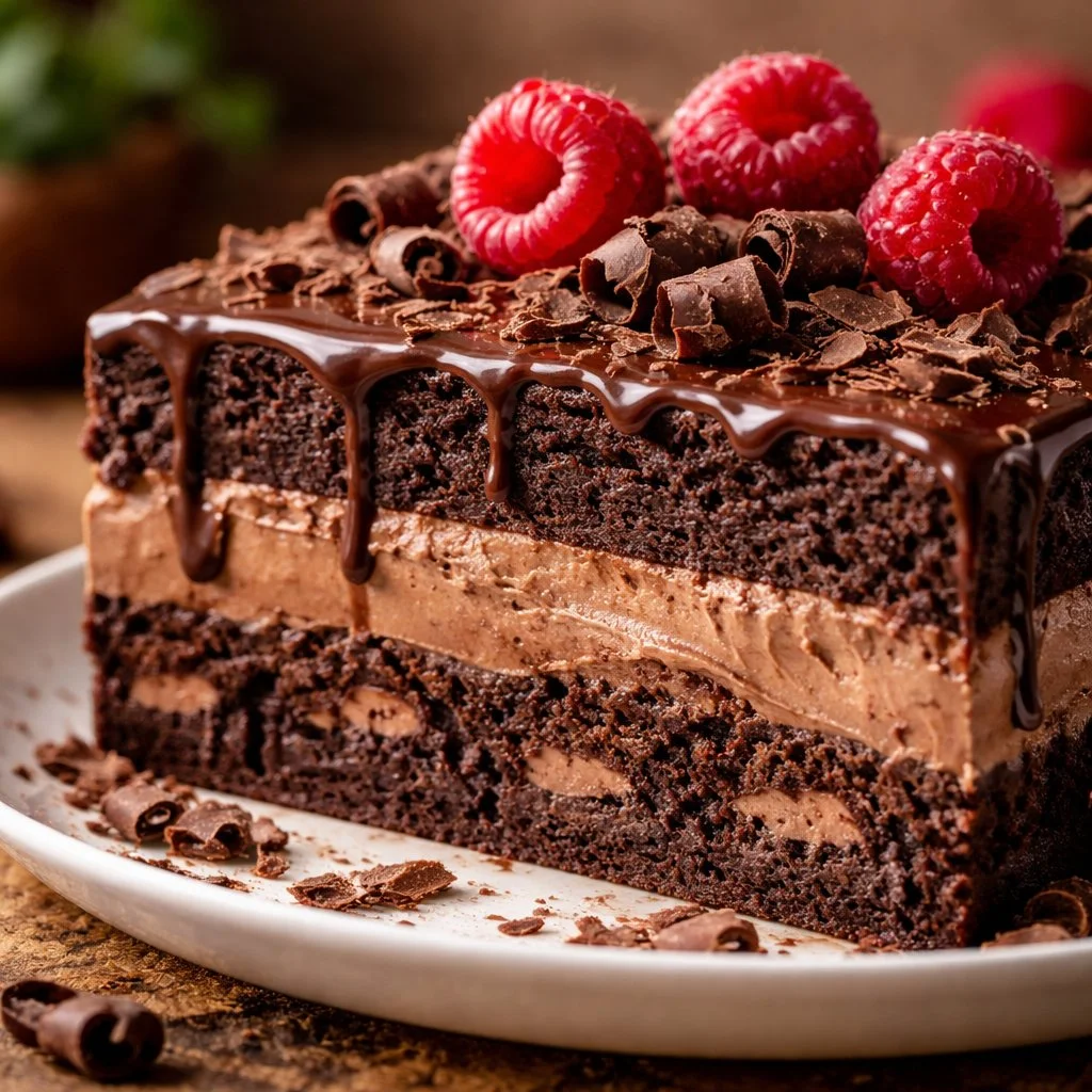 Gâteau brownie réfrigéré moelleux et chocolaté sur une assiette.