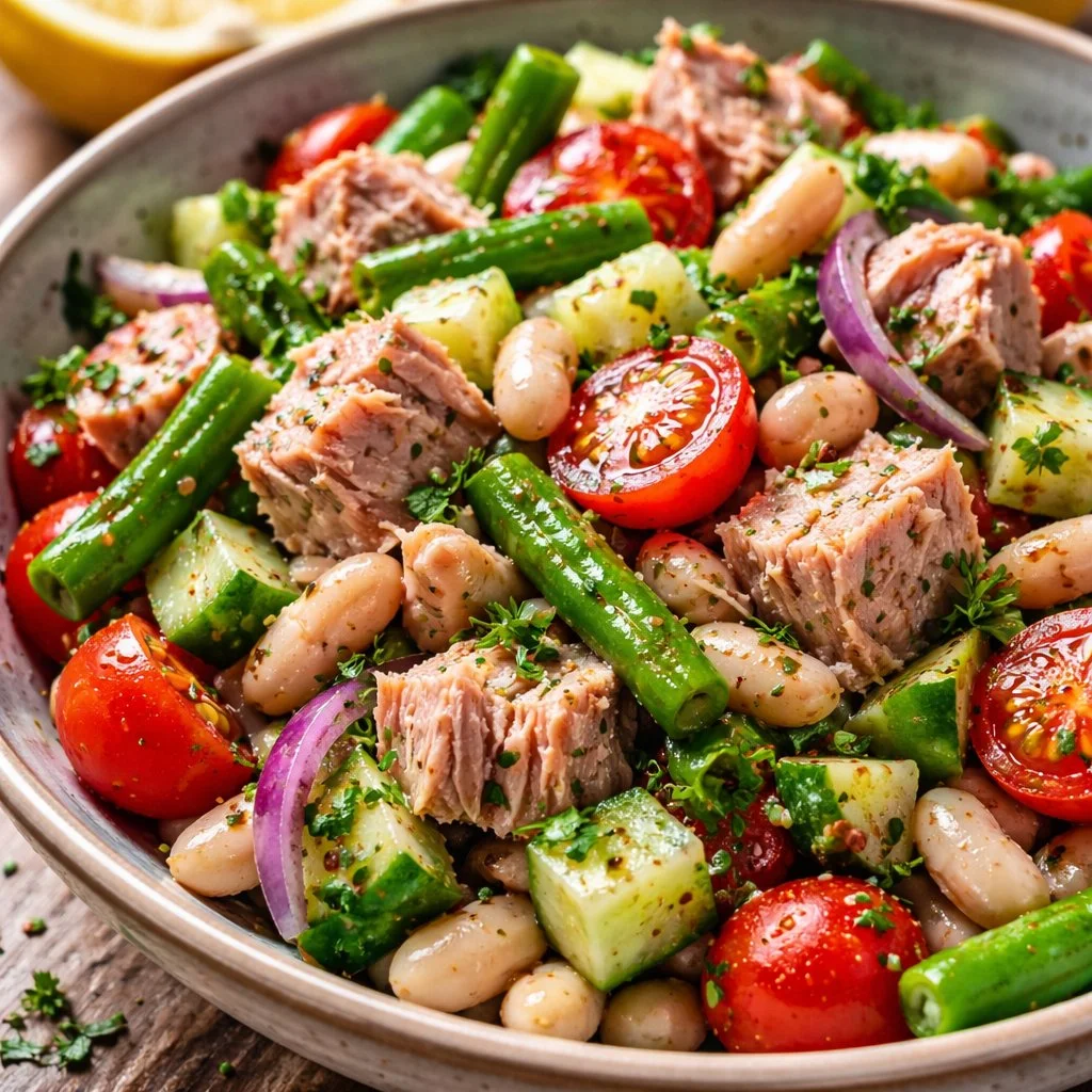 Salade de thon et haricots blancs garnie de légumes frais
