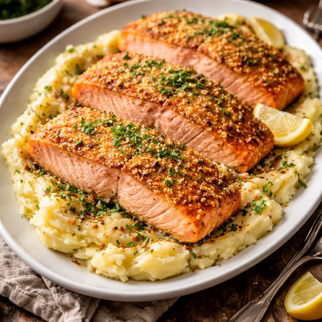 Saumon en croûte de parmesan, plat savoureux et élégant.