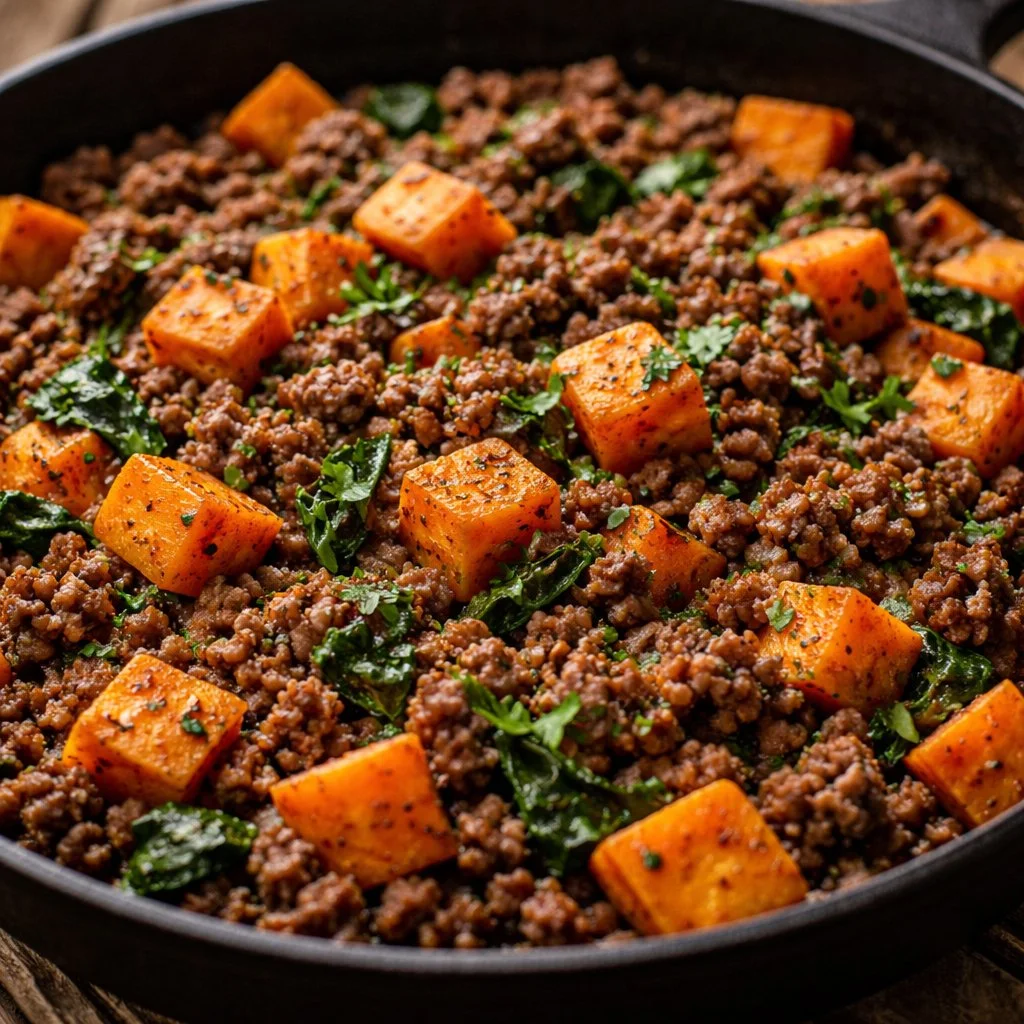 Sauté de beef mince avec patate douce, plat savoureux et nutritif