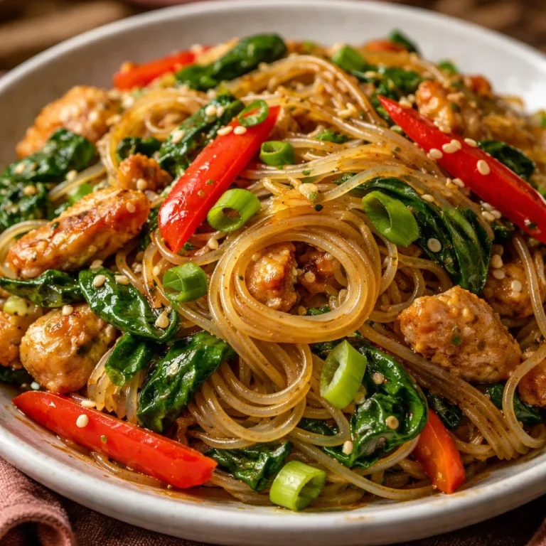 Sauté de nouilles de riz haute protéine avec légumes colorés et sauce délicieuse
