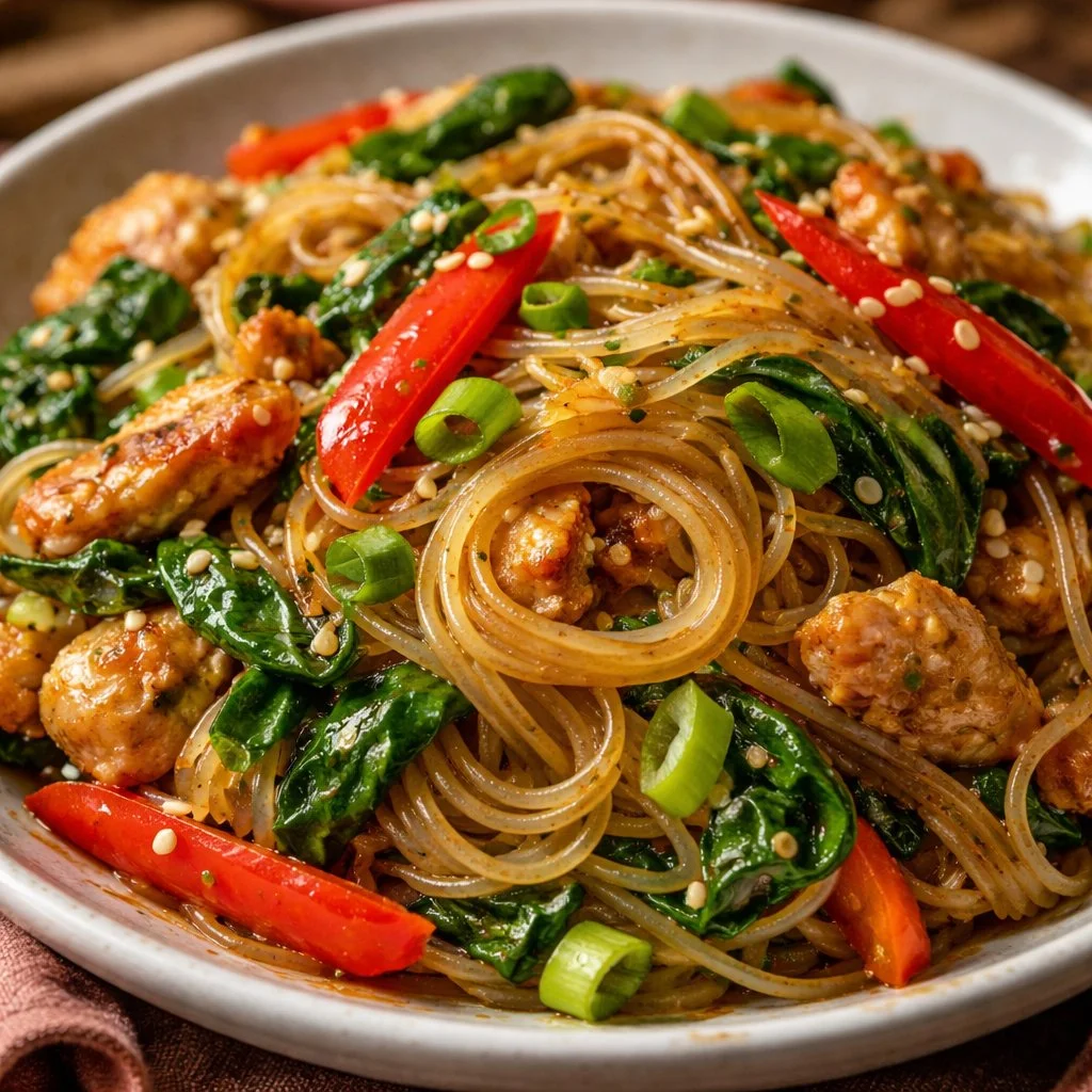 Sauté de nouilles de riz haute protéine avec légumes colorés et sauce délicieuse