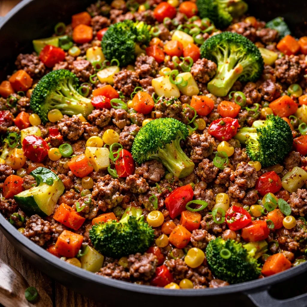 Skillet de bœuf haché aux légumes colorés et savoureux.