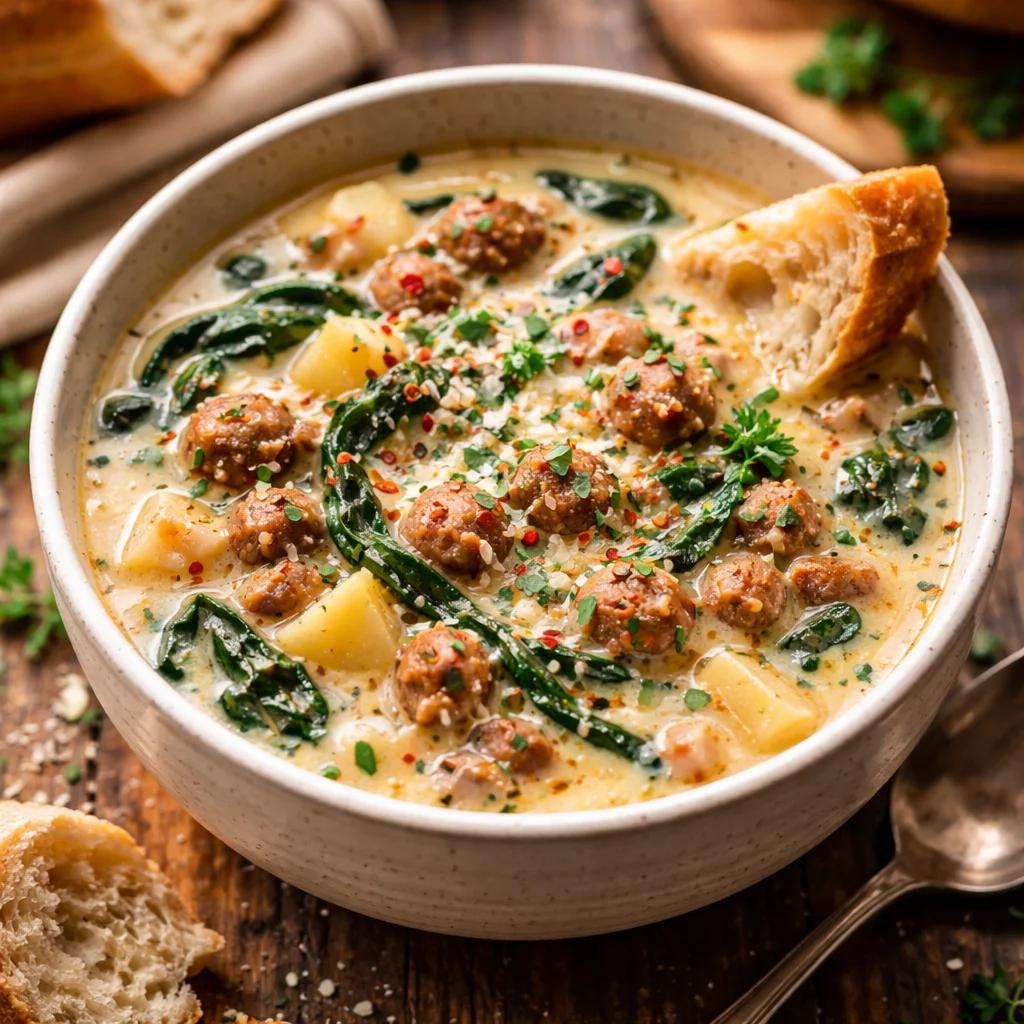 Soupe Crémeuse au Parmesan et Saucisse dans un bol