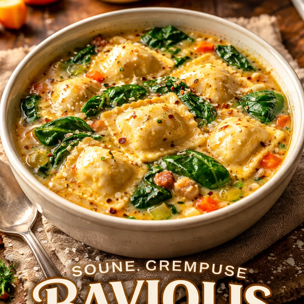 Soupe crémeuse aux raviolis toscans servie dans un bol