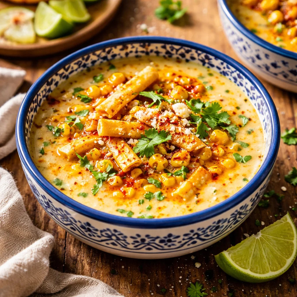 Soupe de maïs mexicain servie dans un bol avec garnitures