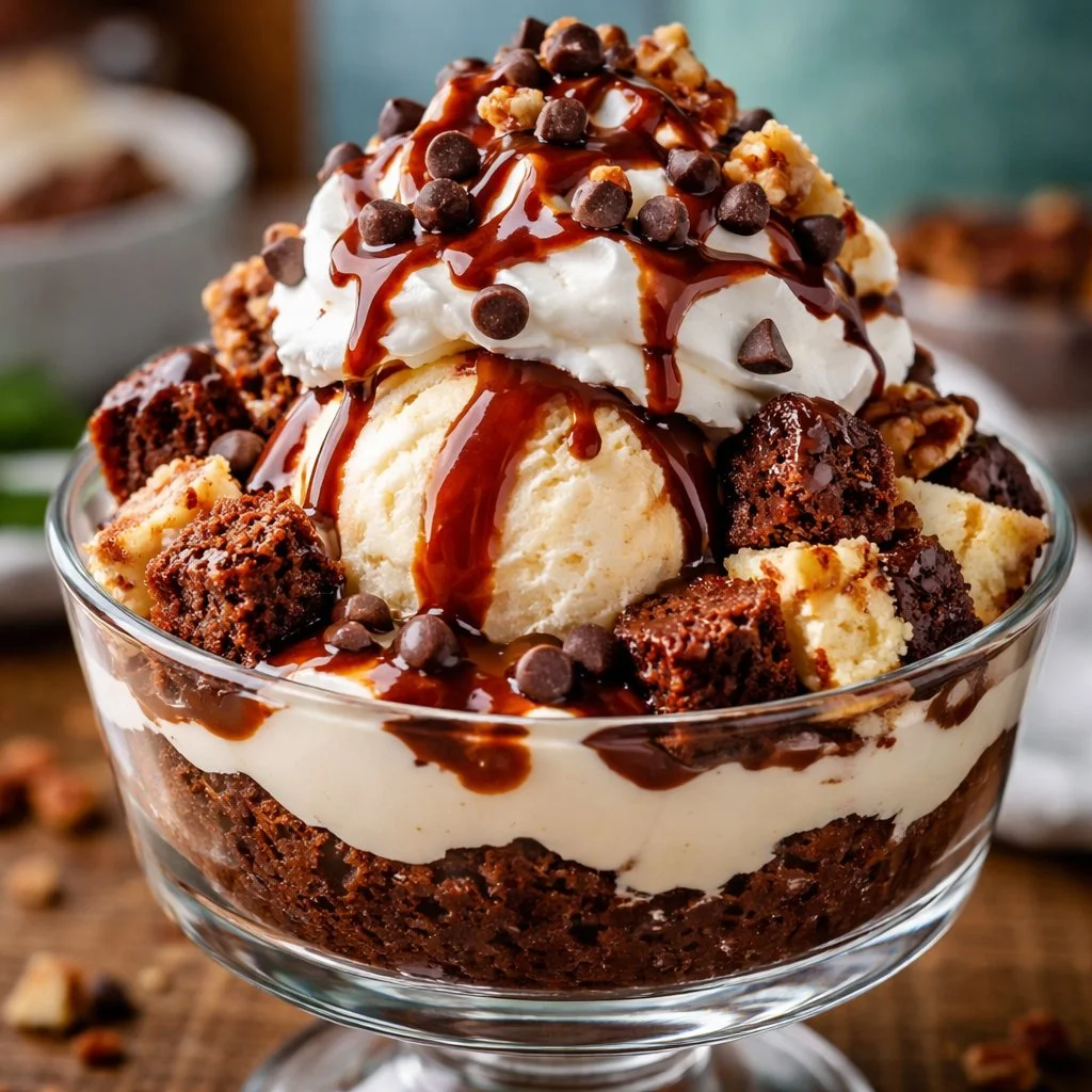 Sundae au brownie de cheesecake garni de crème fouettée et de sauce chocolat