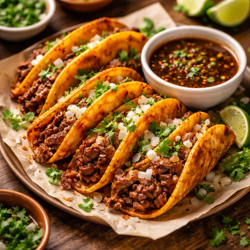 Tacos Birria mijoteuse garnis de viande savoureuse et de coriandre fraîche.