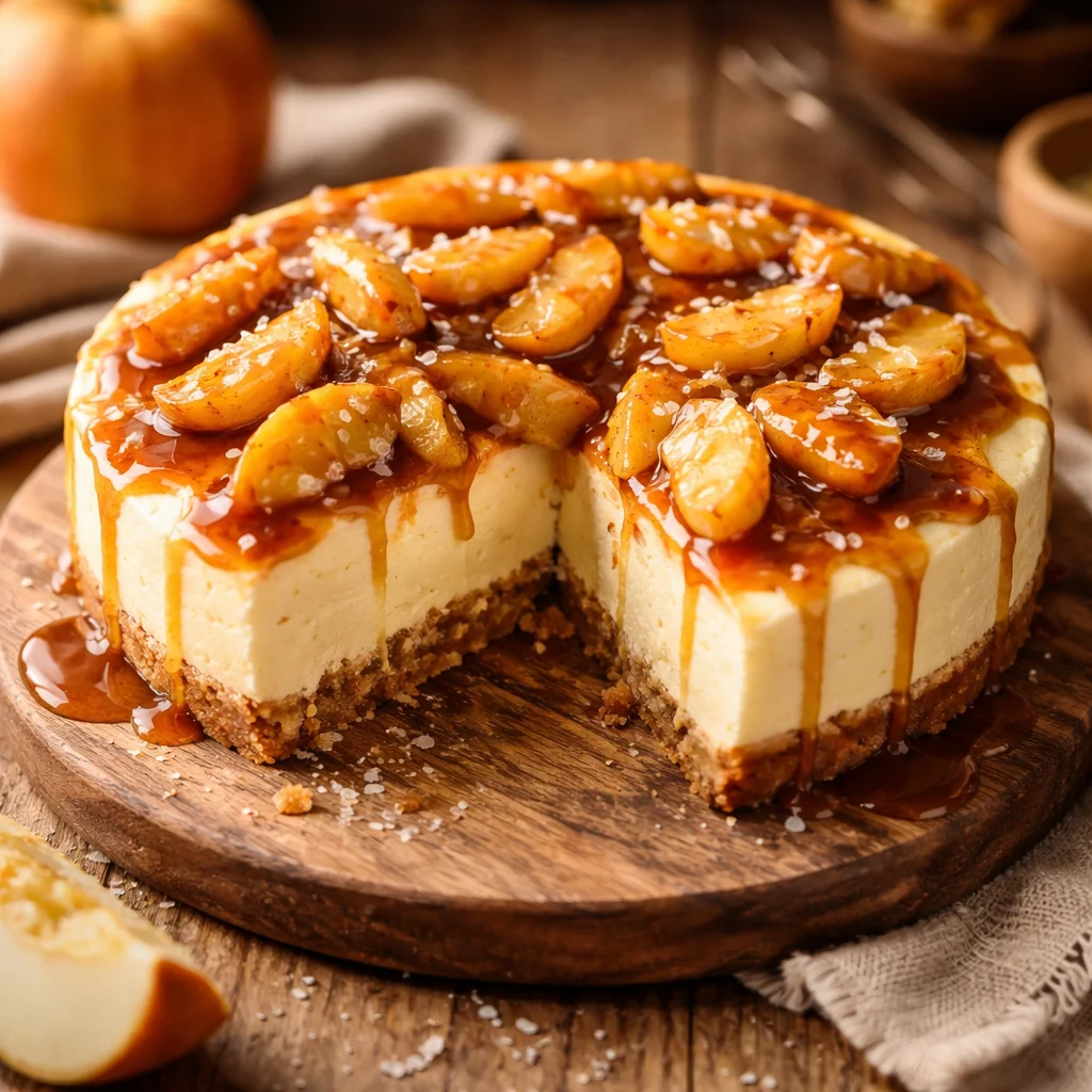 Tarte au cheesecake aux pommes caramel salé garnie de pommes caramélisées