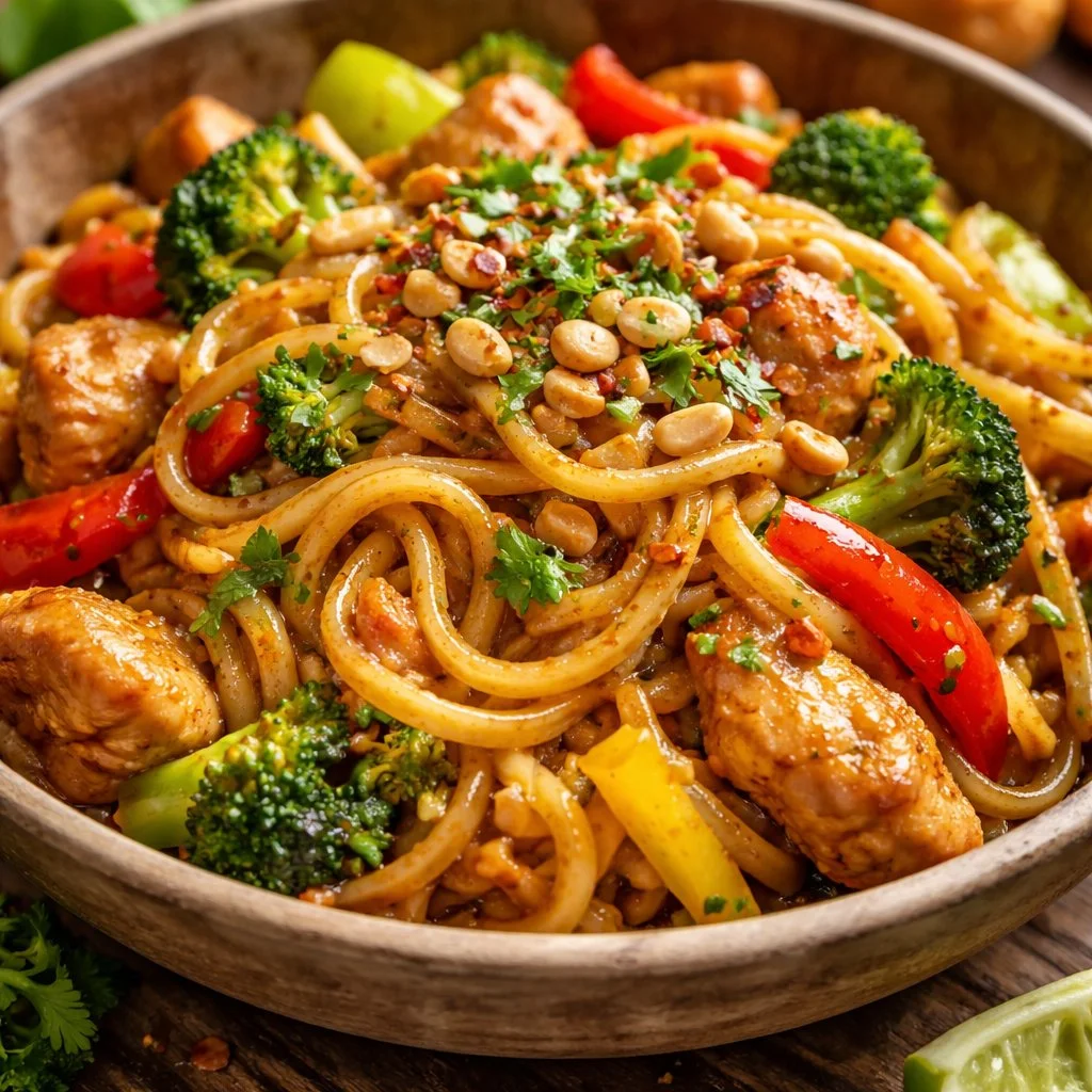 Nouilles thaïlandaises avec poulet et sauce aux cacahuètes sur une assiette