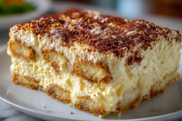 Un délicieux tiramisu présenté dans un plat en verre.