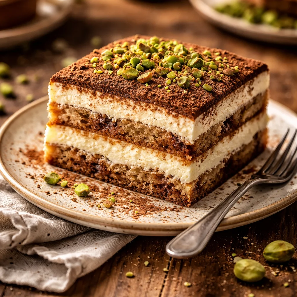 Tiramisu à la Pistache Céleste savoureux et raffiné sur une assiette élégante.