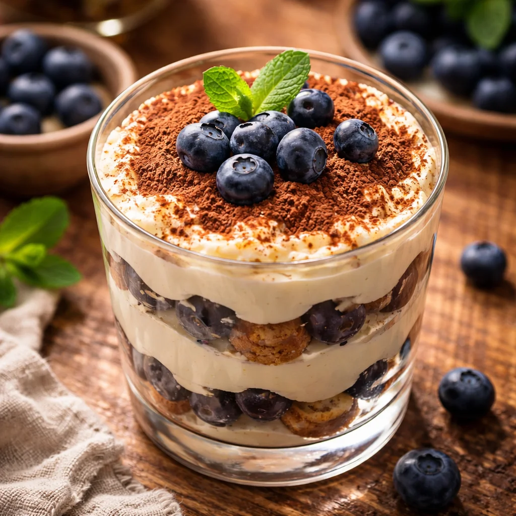 Tiramisu aux myrtilles sans œuf, dessert italien délicieux et léger