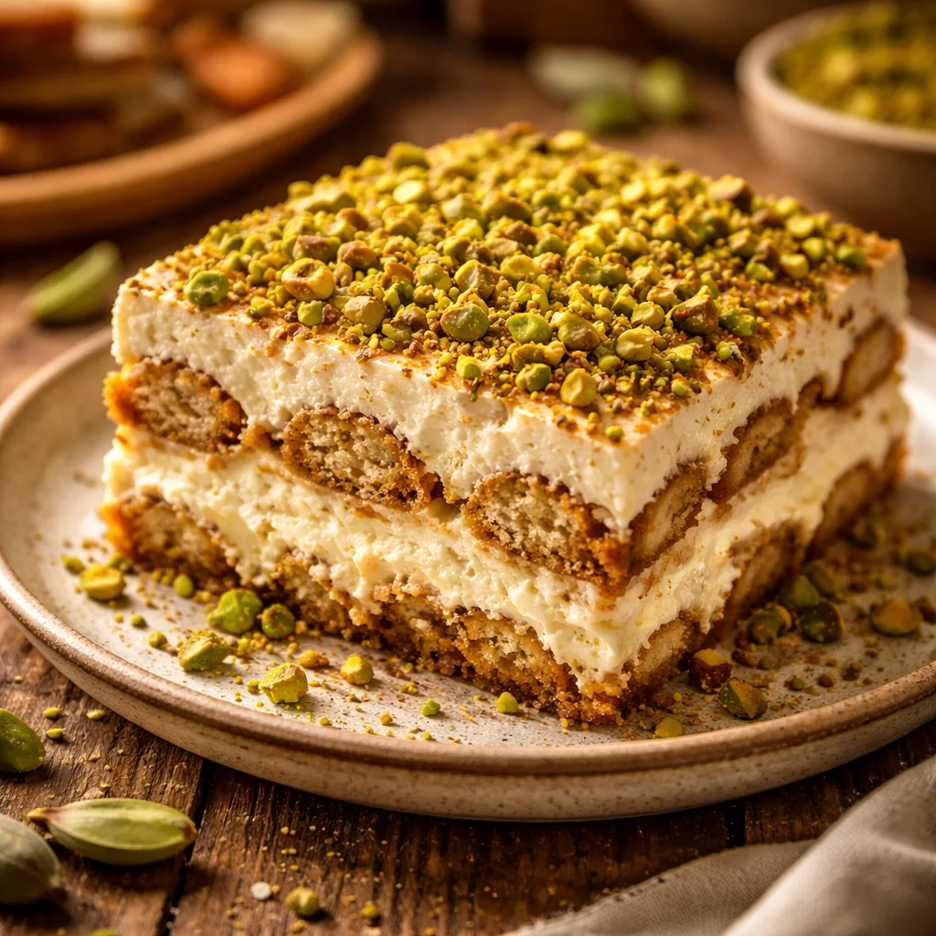 Tiramisu aux pistaches garnit de crème et morceaux de pistaches