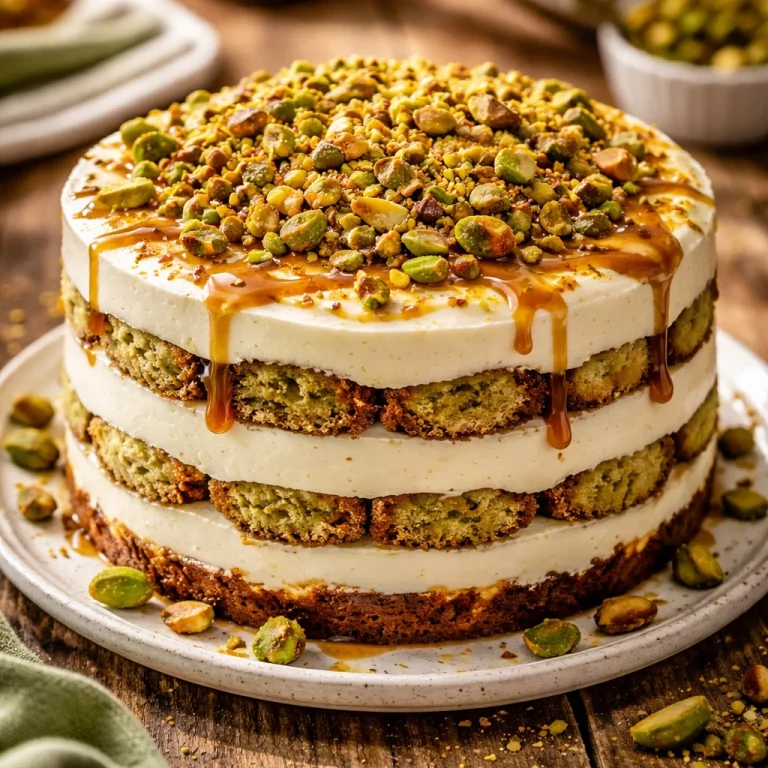 Tiramisu aux pistaches décoré, un dessert italien savoureux et crémeux.