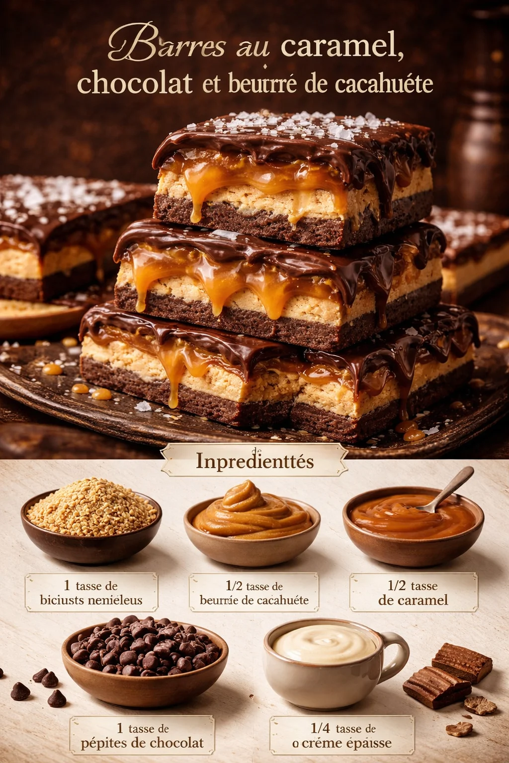 Barres au caramel, chocolat et beurre de cacahuète