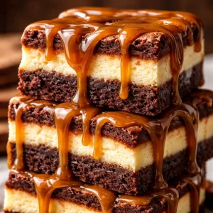 Brownies cheesecake caramel avec une délicieuse finition crémeuse et caramel