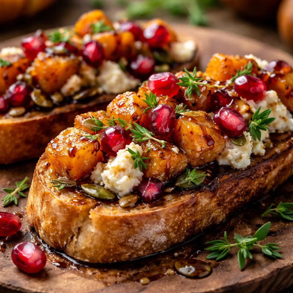 Bruschetta d'automne garnie de tomates, basilic, et herbes fraîches.