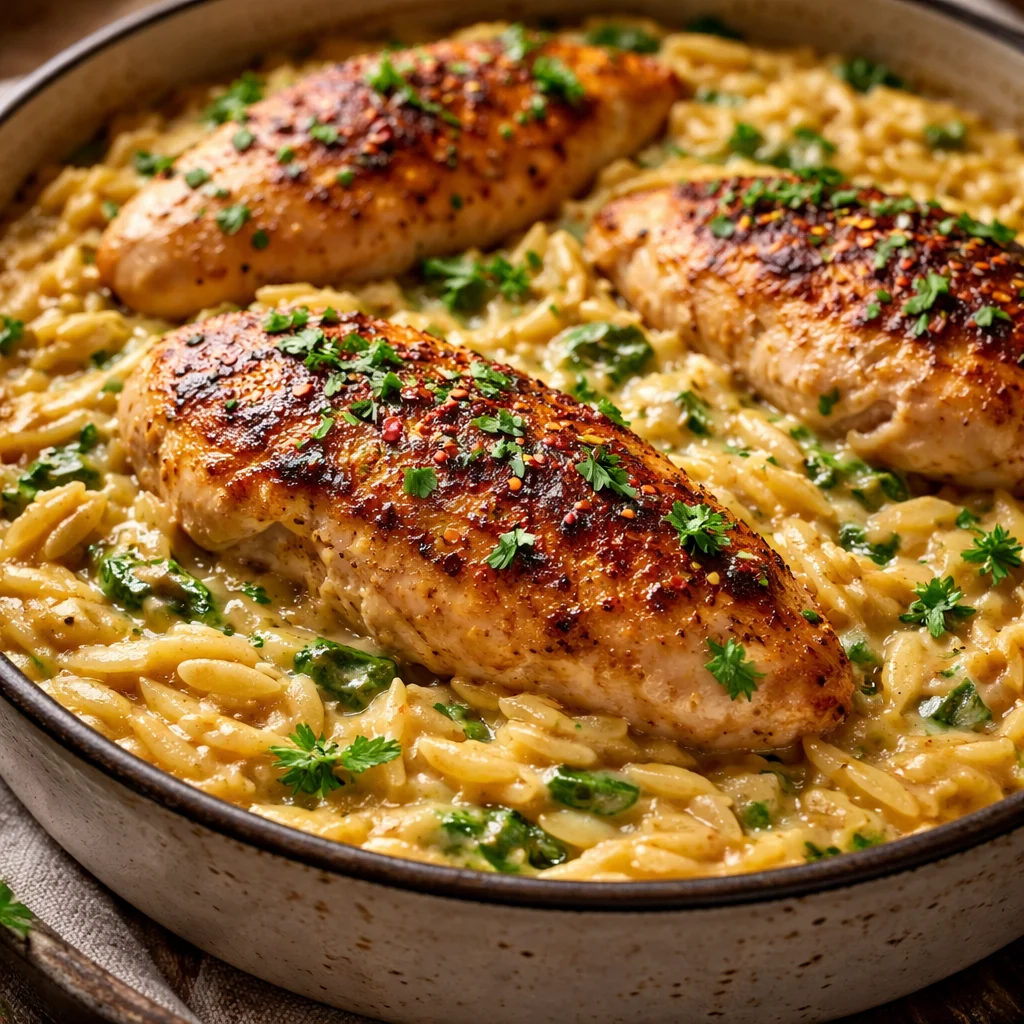 Casserole d'orzo au poulet garnie de légumes colorés et d'herbes fraîches.